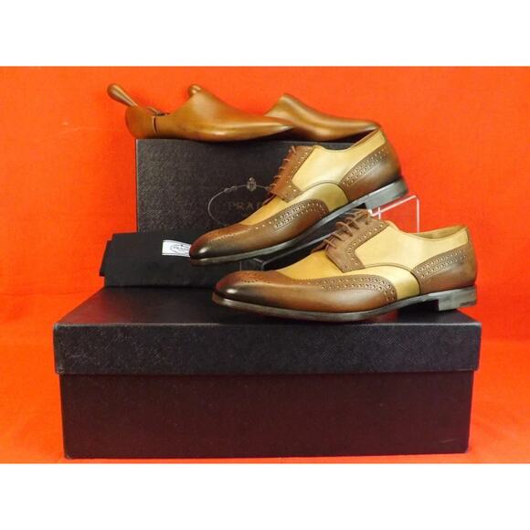 NIB PRADA 2EF020 BURNISHED BROWN TAN LEATHER BROGUE OXFORDS TREES SET 10 main image 11